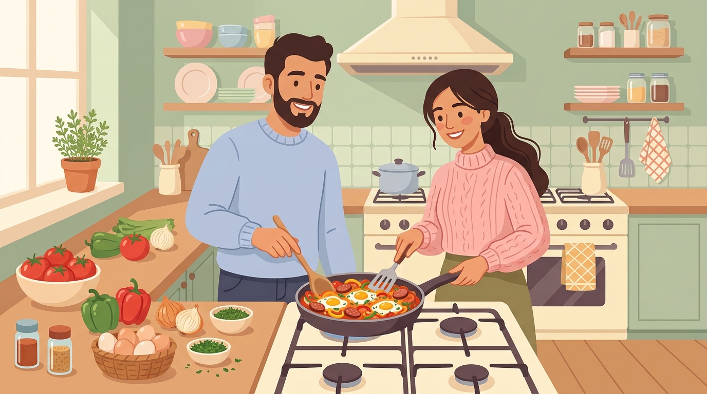 Karim et Yara qui préparent une ojja aux merguez dans une poêle
